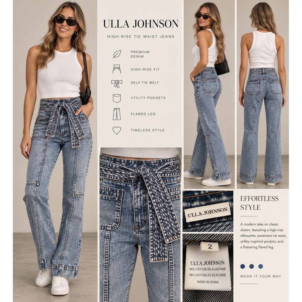 Ulla Johnson High-Rise Tie Waist Flared Leg Jeans Acid Wash Blue Size 2